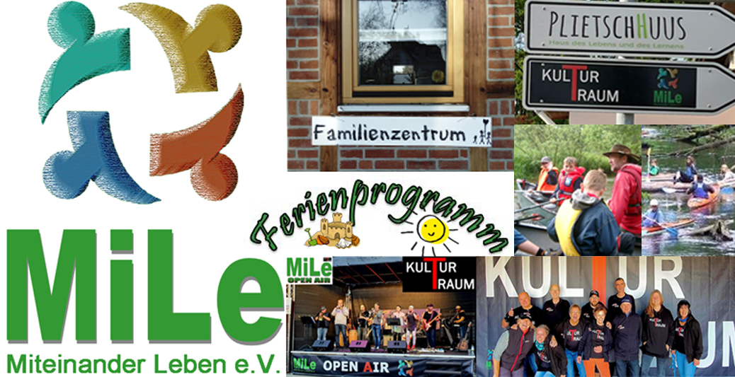 Miteinander Leben e.V. Brokstedt Bild zeigt das Mile Logo sowie Impressionen von den Tätigkeiten vom Verein Miteinander Leben e.V.